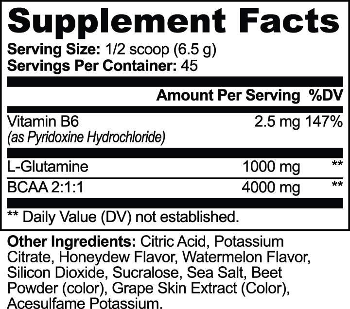 BCAA Post Workout Powder — Honeydew/Watermelon Supplement Facts. Serving size: 1/2 scoop (6.5 g). 45 servings per container. Per serving: vitamin B6 2.5 mg (147% Daily Value), L-glutamine 1000 mg, BCAA 2:1:1 blend 4000 mg. This is the Honeydew/Watermelon supplier formula preview.